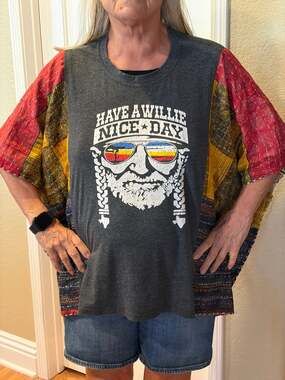 Willie Nelson Upcycled Kantha Tunic Top Shirt OS Handmade Boho